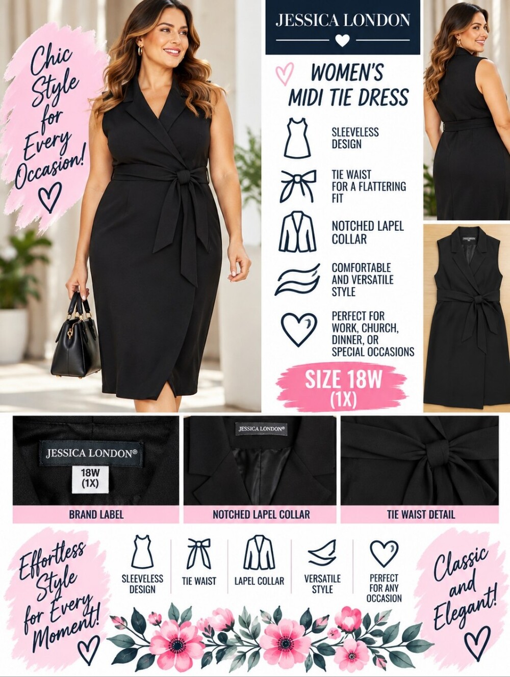 Jessica London women's 18w black midi tie dress #35